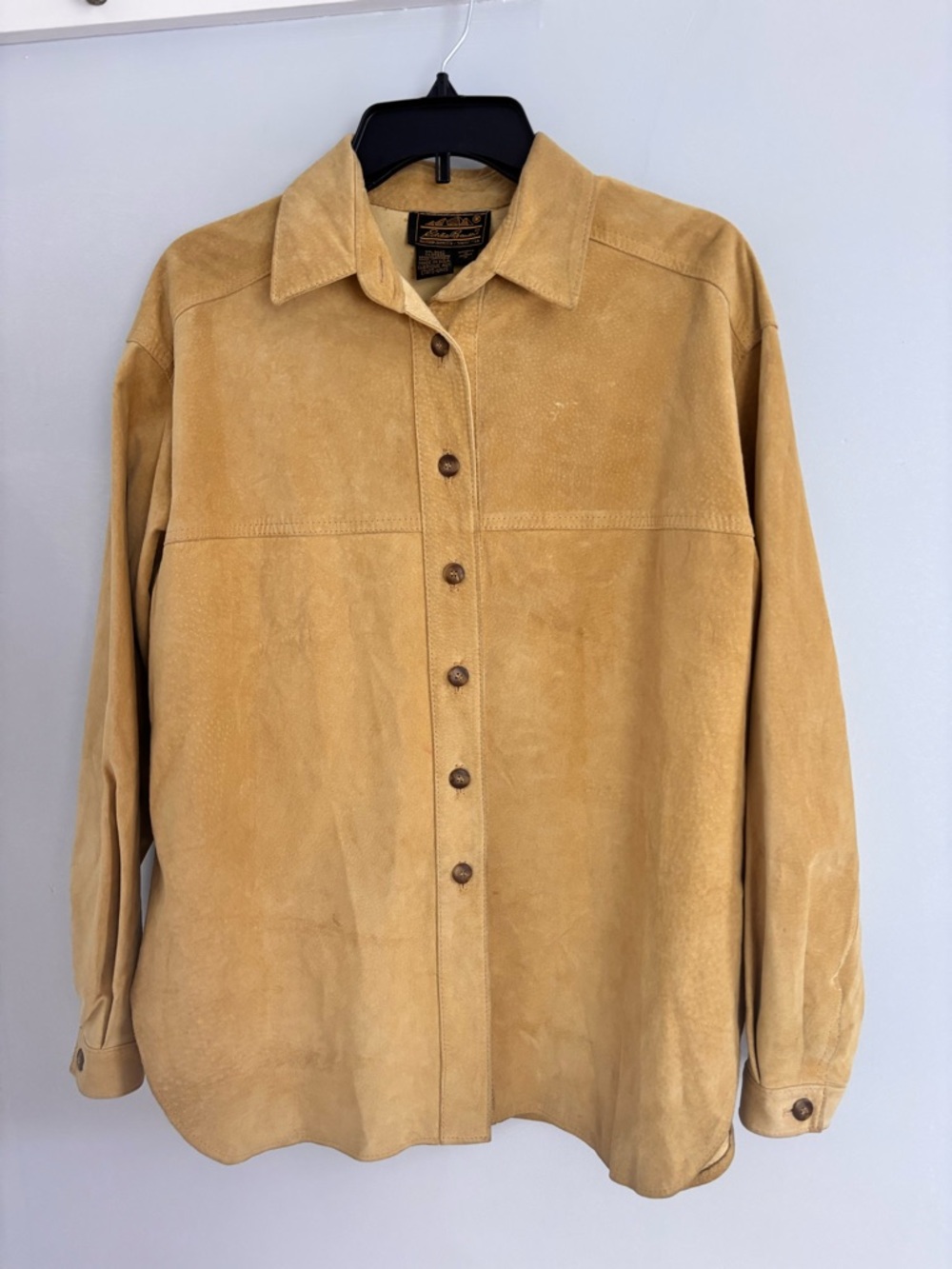 Suede Button-Front Shirt Jacket in Camel